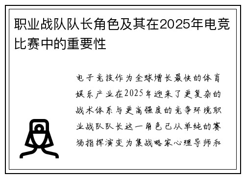 职业战队队长角色及其在2025年电竞比赛中的重要性